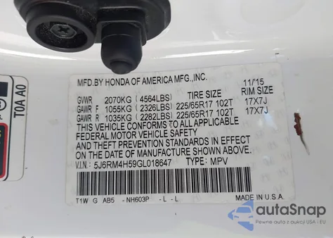 2016 Honda Cr-V Ex z USA, uszkodzony, nr VIN 5J6RM4H59GL018647